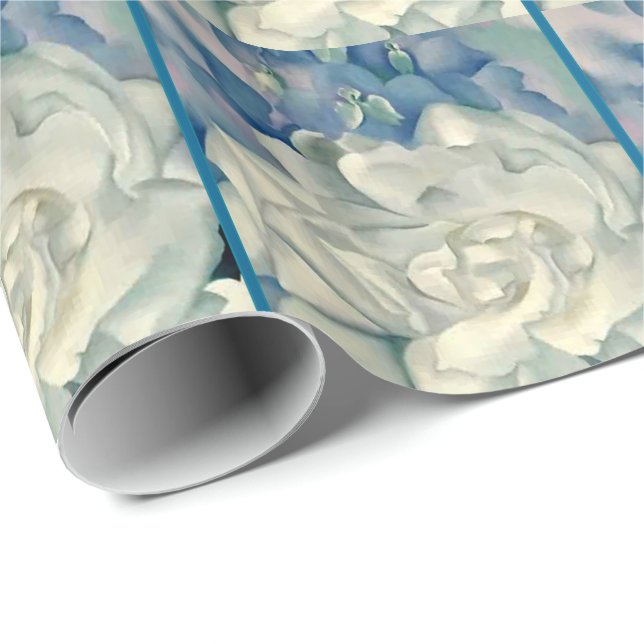 Stunning Georgia O'Keeffe White Rose and Larkspur Wrapping Paper (Roll Corner)