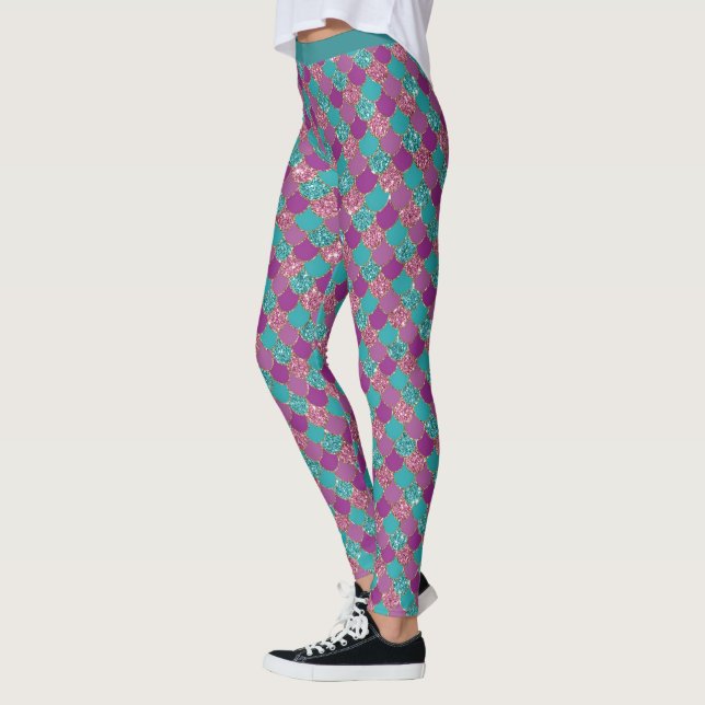 Stunning Glitter Mermaid Scale Pastel Glam Sparkle Leggings (Left)