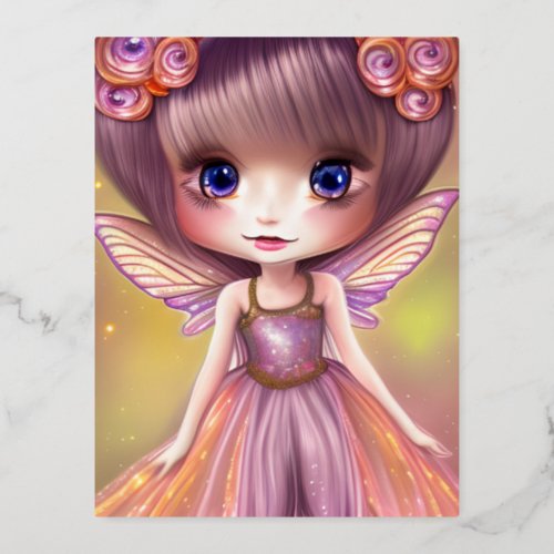 Stunning Glitter Texture Silk Magic Chibi Fairy Foil Holiday Postcard