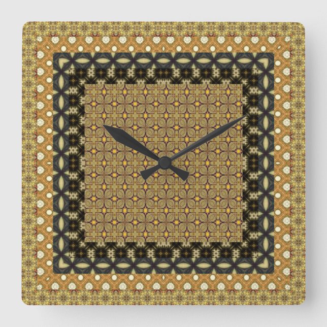 Stunning Gold And Black Tiled Motifs Square Wall Clock (Front)