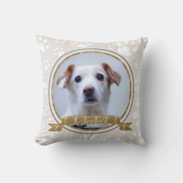 Stunning Gold and Sand Dog Memorial Paw Prints Throw Pillow (Front)