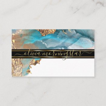 Stunning Gold Aqua Liquid Alcohol Ink Watercolor Business Card by EleganceUnlimited at Zazzle