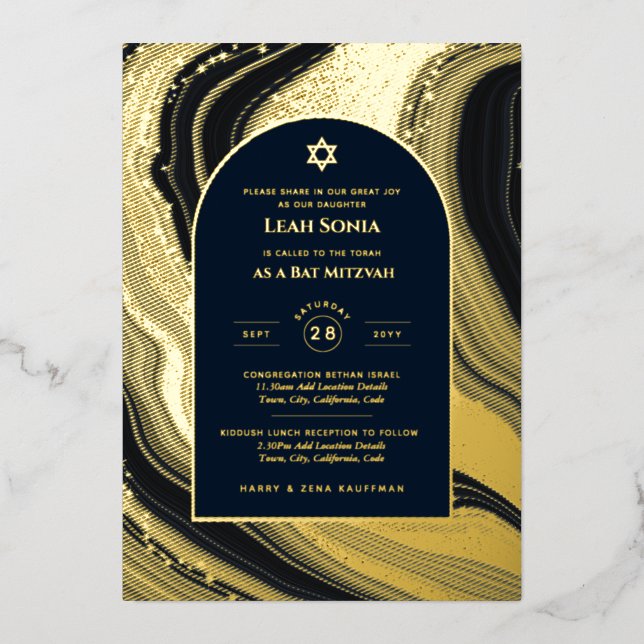 Stunning GOLD FOIL Agate Marble Bat Mitzvah Invitation (Front)