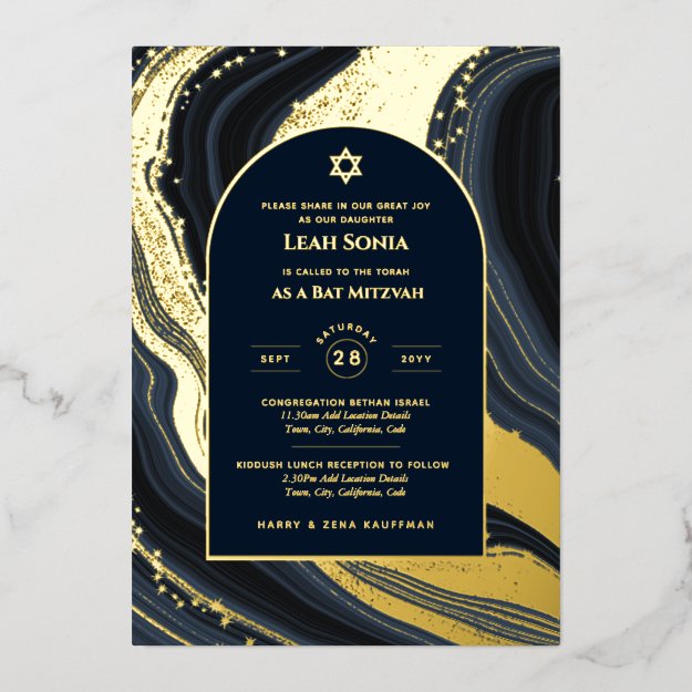 Stunning GOLD FOIL Blue Agate Marble Bat Mitzvah F Foil Invitation