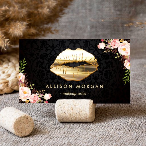 Customizable Stunning Gold Lips Makeup Artist Floral Business Card