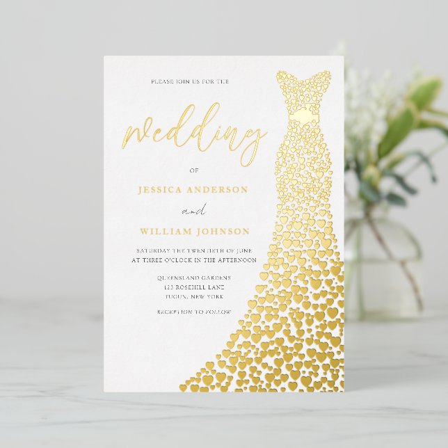 Stunning Gold Love Heart Foil Dress Wedding Foil Invitation (Standing Front)
