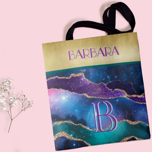 Stunning Gold Purple Teal Monogram Name Tote Bag