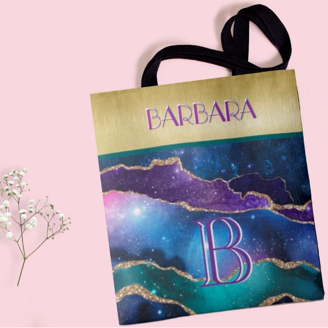 Stunning Gold Purple Teal Monogram Name Tote Bag (Creator Uploaded)