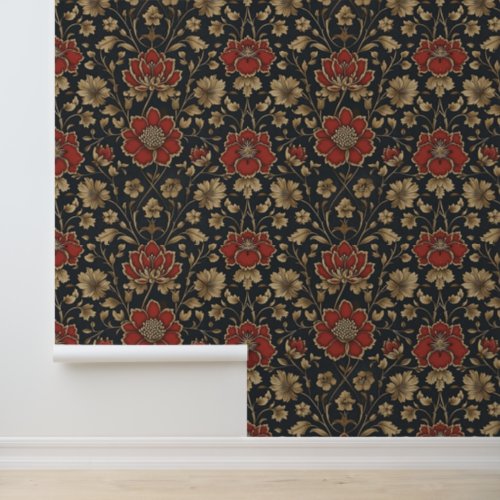 Stunning Gold Red Floral Pattern Peel And Stick Wallpaper