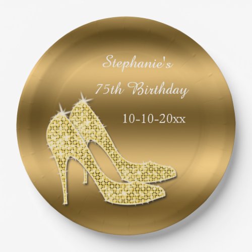 Stunning Gold Sparkly Stilettos Birthday Paper Plates