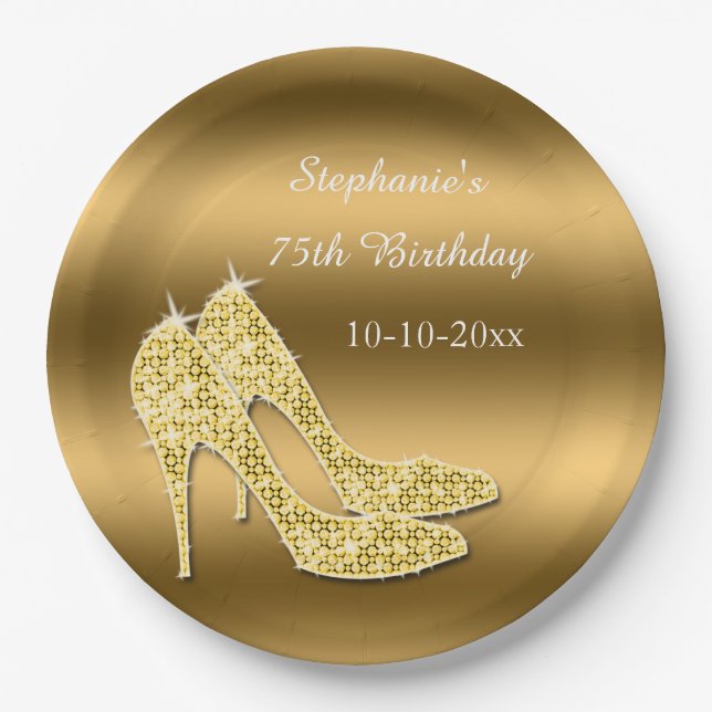 Stunning Gold Sparkly Stilettos Birthday Paper Plates (Front)