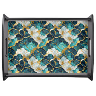Stunning Green and Gold Japanese Floral Serving Tray