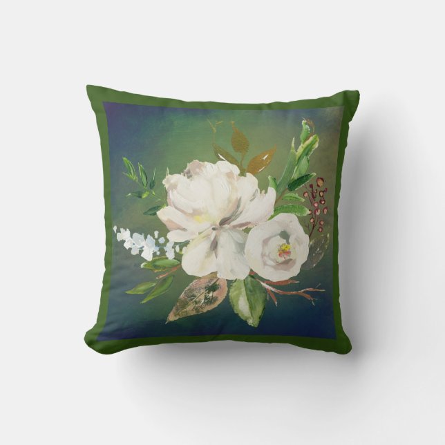 Stunning Green and White Floral Watercolor  Throw Pillow (Front)