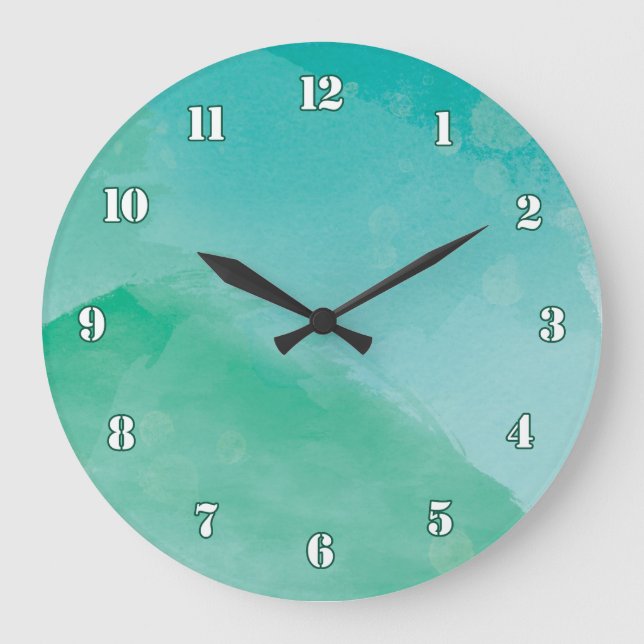 Stunning Green Blue Watercolor Effect Large Clock (Front)