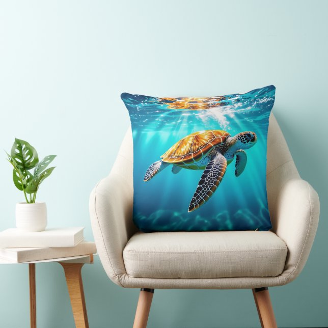 Stunning Green Sea Turtle in Sunlit Ocean Waters Throw Pillow (Chair)