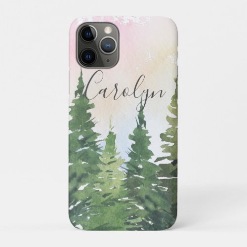 Stunning green watercolor trees  Rainbow Sunset iPhone 11 Pro Case