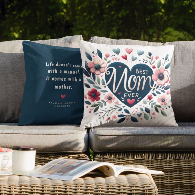 Stunning Heart & Floral 'Best Mom Ever' Throw Pillow (Creator Uploaded)