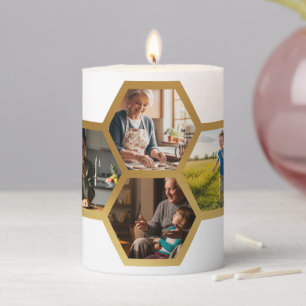 Stunning honeycomb pattern, eight hexagons, gold pillar candle