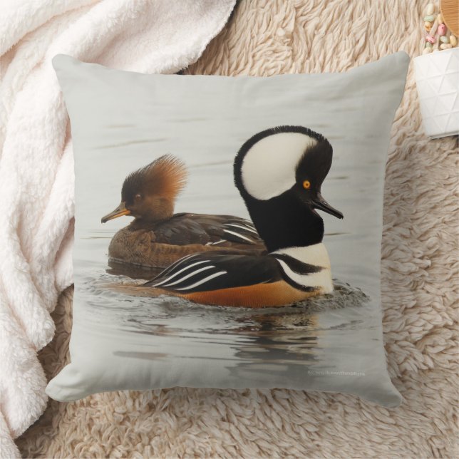 Stunning Hooded Merganser Ducks at Winter Pond Throw Pillow (Blanket)