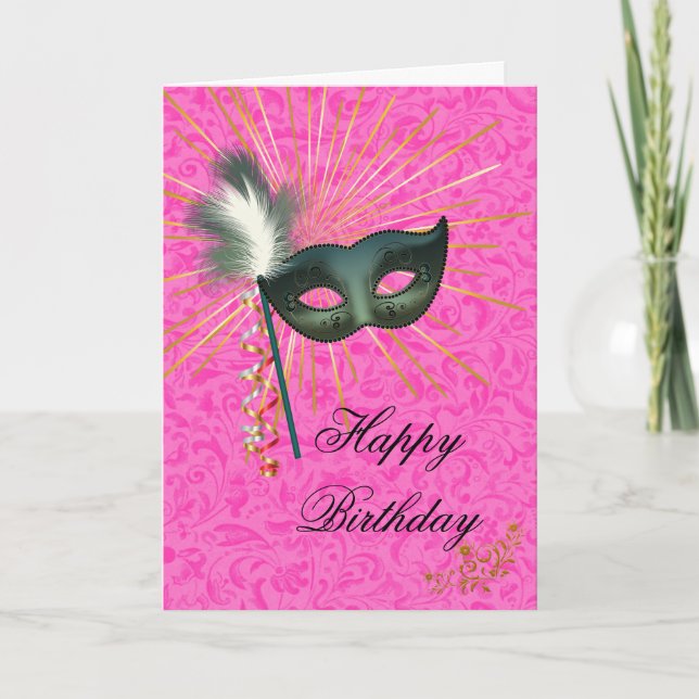 Stunning Hot Pink Masquerade Happy Birthday Card (Front)