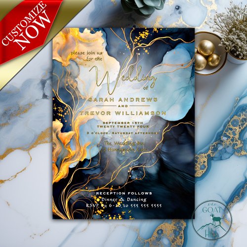 Stunning Indigo Blue and Gold Abstract Foil Invitation