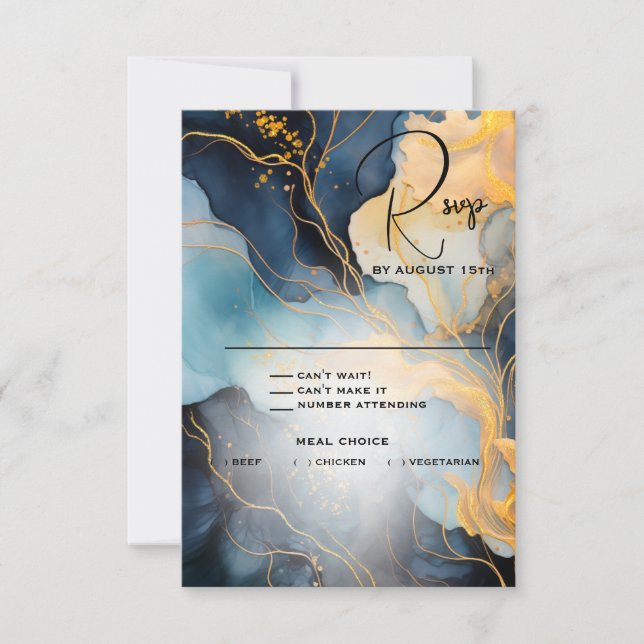 Stunning Indigo Blue and Gold Abstract RSVP Card (Front)