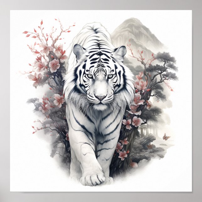 Stunning Japanese style art white tiger print (Front)