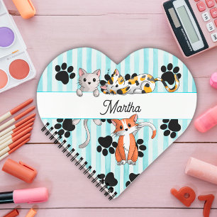 Stunning Kittens & paws, blue striped heart shape Notebook