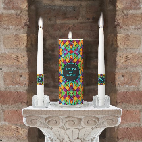 Stunning Leaded Stained Window Glass _ your Text Unity Candle Set