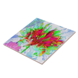 Stunning Lime Green and Red Cactus Dahlia Ceramic Tile