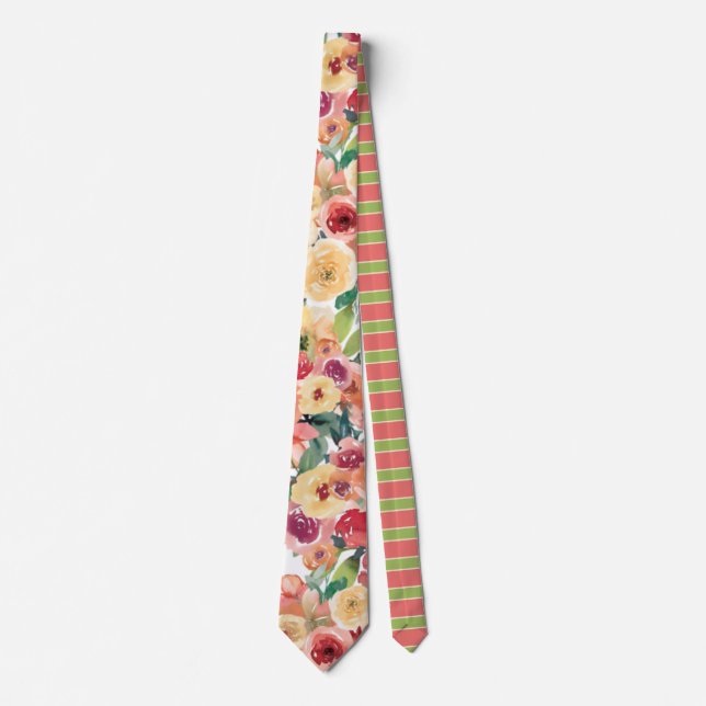 Stunning Lime Peach Pink Floral Print Wedding Neck Tie (Front)