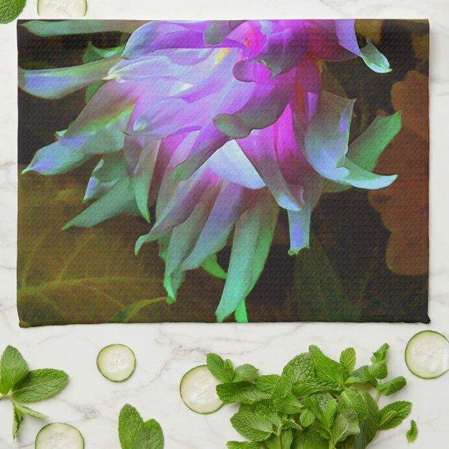 Stunning Magenta and Lime Green Cactus Dahlia Kitchen Towel (Folded)
