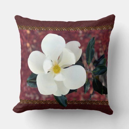 Stunning Magnolia Pillow with Burgundy Accents