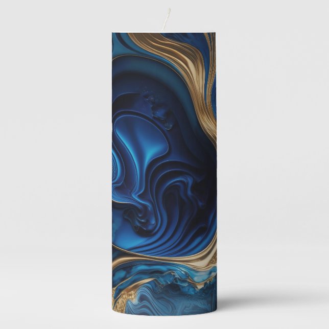 Stunning Marbled Candle in Blue and Gold (Front)