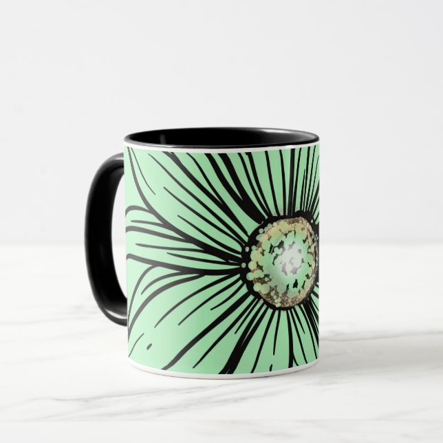 Stunning mint green and black flower coffee mug (Front Left)