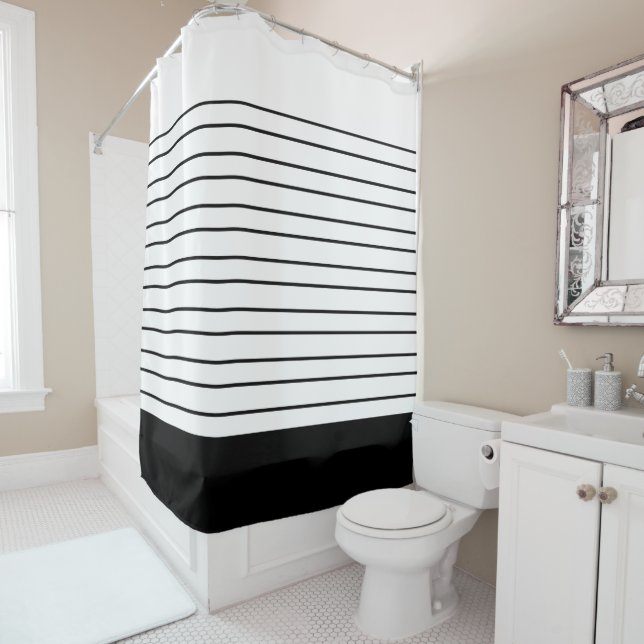 Stunning Modern Black And White Stripe Fabric Shower Curtain (In Situ)