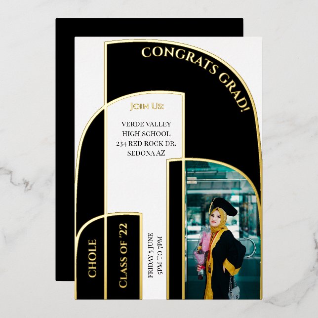 Stunning Modern Geometric Deco Graduation Photo Foil Invitation (Front/Back)
