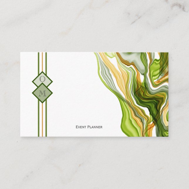Stunning Modern Green Gold Monogram Marbleized Ink Business Card (Front)