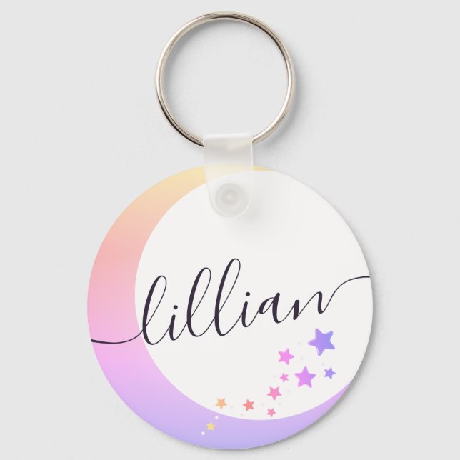 Stunning Moon and Stars White Rainbow Ombre Name  Keychain (Front)