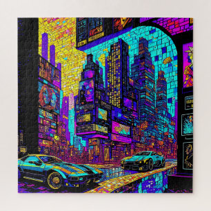 Stunning Mosaic Stained Glass Neon Cyberpunk City Jigsaw Puzzle