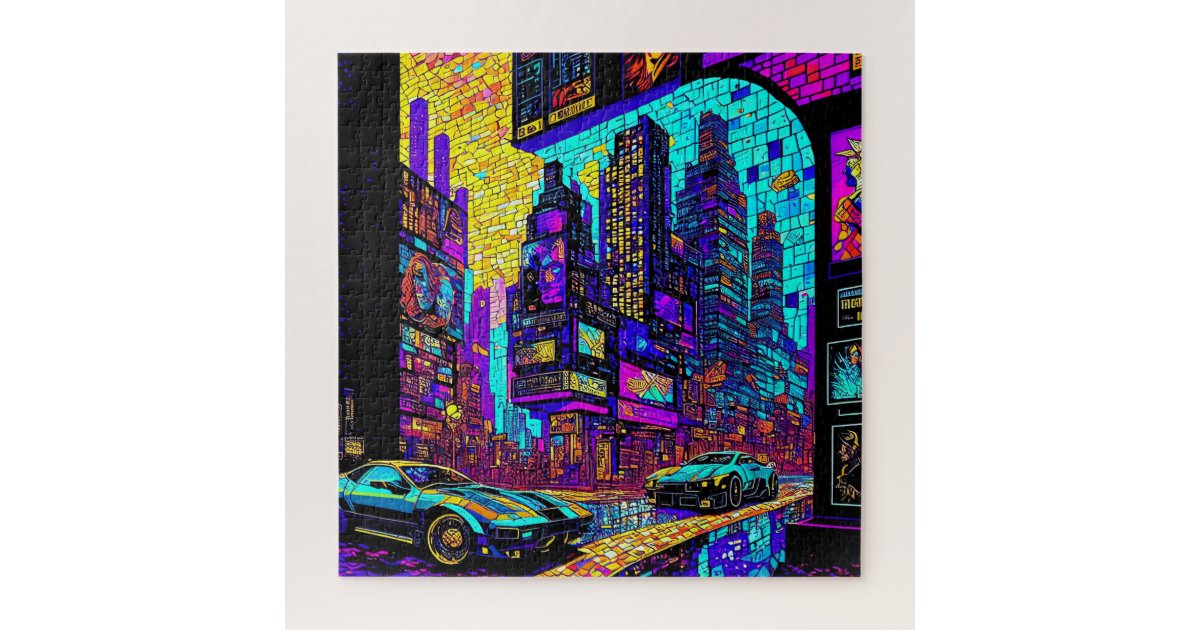 Stunning Mosaic Stained Glass Neon Cyberpunk City Jigsaw Puzzle | Zazzle