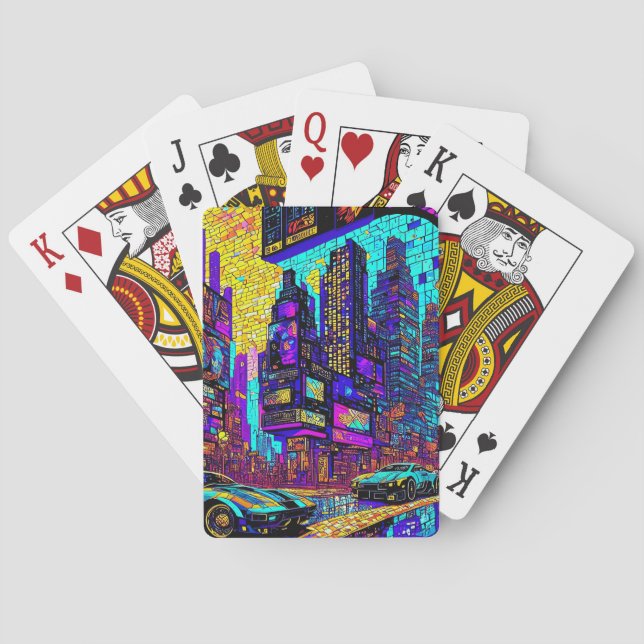 Stunning Mosaic Stained Glass Neon Cyberpunk City Poker Cards (Back)
