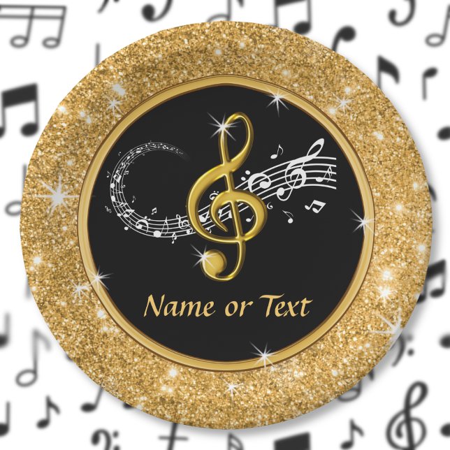 Stunning Music Note Paper Plates, Black and Gold Paper Plates (Music themed paper plates. Music note plates. Musical party supplies. Music graduation party. Gold.)