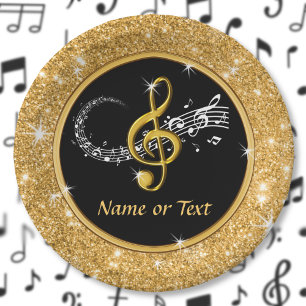 Stunning Music Note Paper Plates, Black and Gold Plates