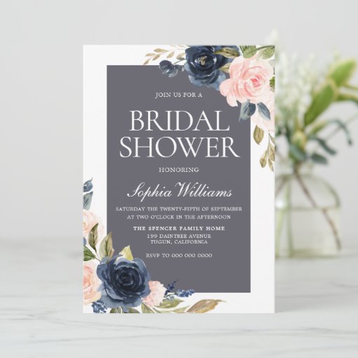 Stunning Navy & Blush Floral Elegant Bridal Shower Invitation | Zazzle