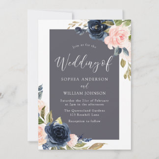 Stunning Navy & Blush Floral Elegant Wedding Invitation