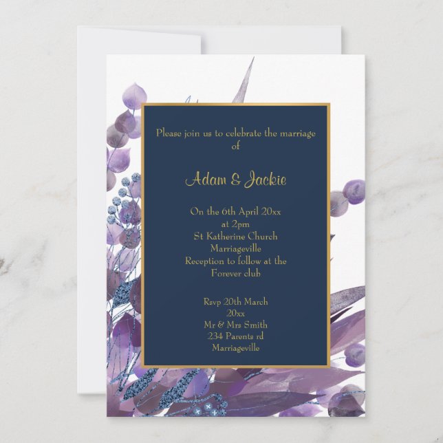 STUNNING NAVY WHITE  EUCALYPTUS WEDDING CUSTOM  INVITATION (Front)