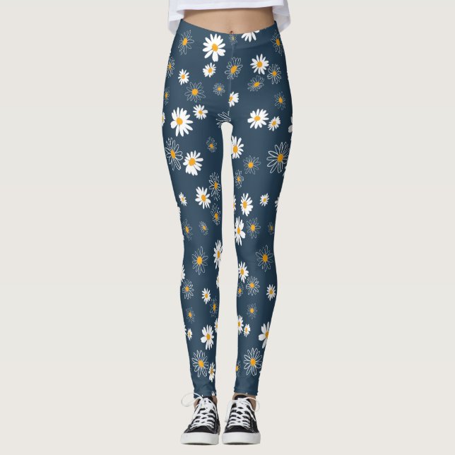 Stunning Navy Yellow White Classic Daisy Flowers Leggings (Front)