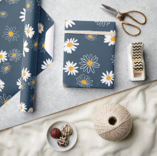 Stunning Navy Yellow White Classic Daisy Flowers Wrapping Paper