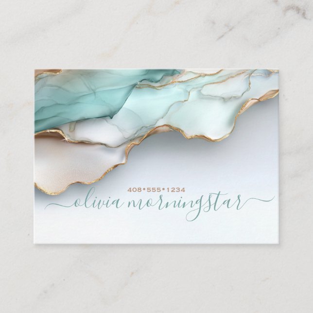 Stunning Opalescent Teal Gold Fluid Alcohol Ink Business Card (Front)